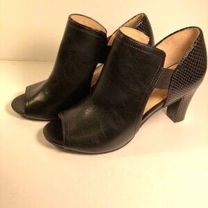 Life Stride Soft System Calma Black w/ Reptile Print Heel, Peep Toe Booties